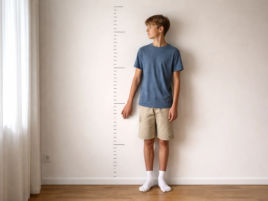 Child/teen stands by a wall height ruler with blank milestone ticks indicating growth limits.