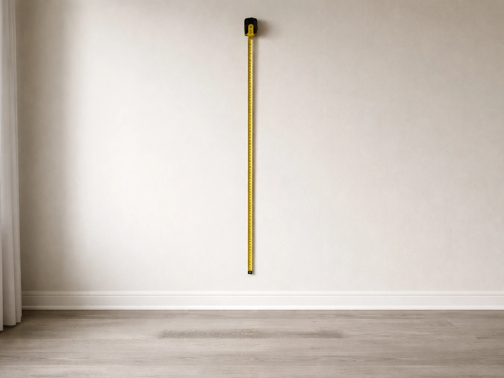 Minimal photo of a tape measure beside a plain wall, with a simple height range implied by blurred floor marks