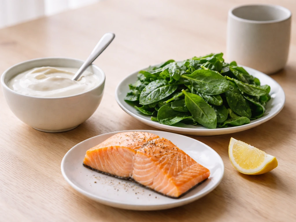 Close-up spread of calcium and vitamin D foods—dairy, leafy greens, and a salmon piece—on a simple table.