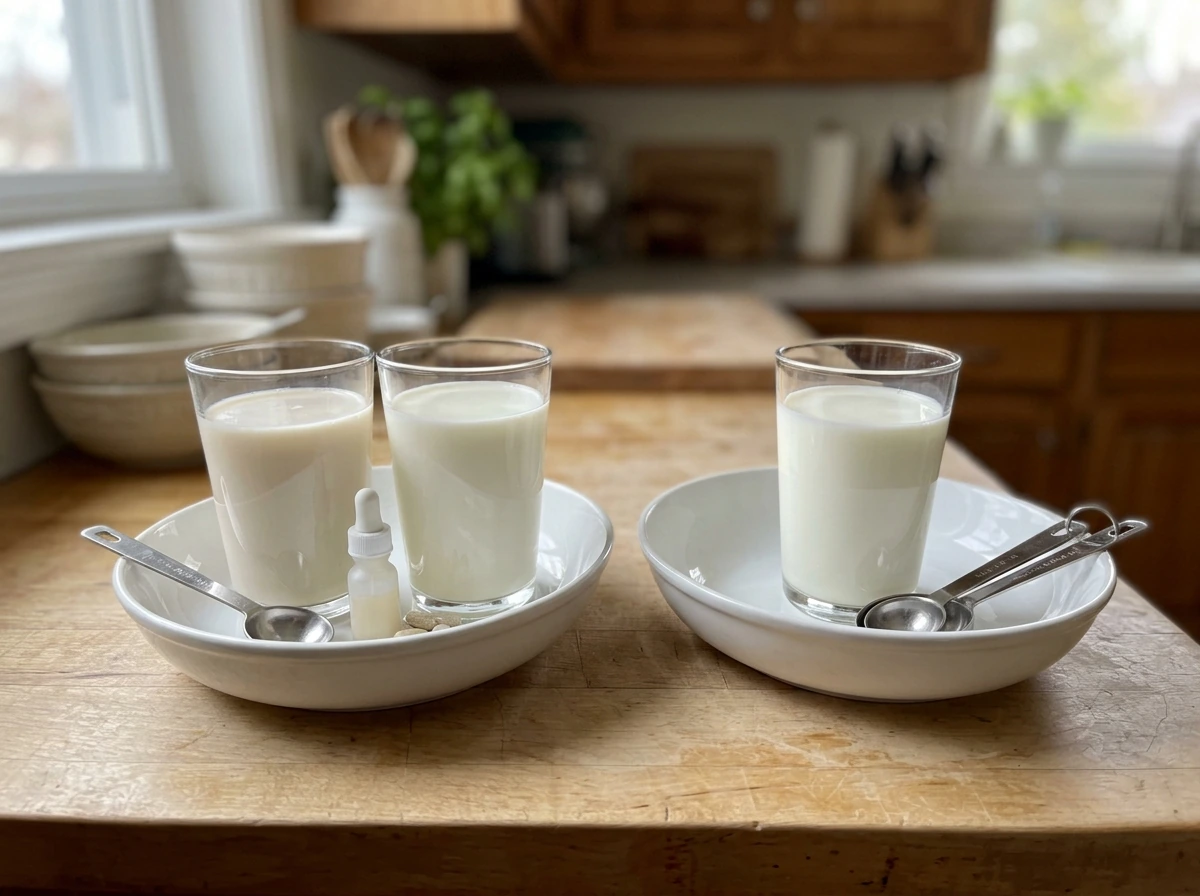 Different milk types and nutrient support items side-by-side on a kitchen counter.
