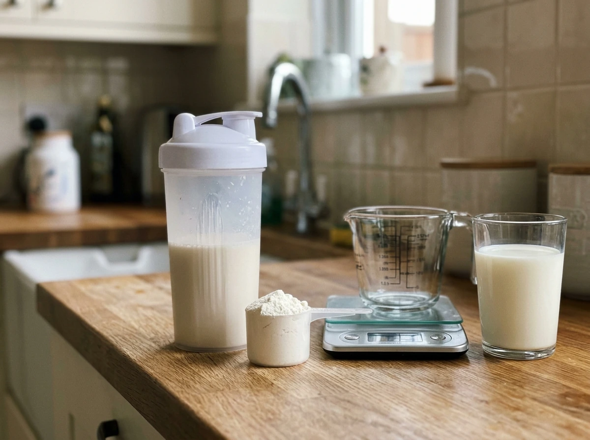 Protein powder and milk side-by-side with a scoop and shaker bottle.