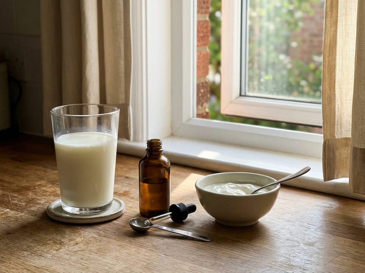 Fortified milk and vitamin D supplement items arranged for daily consistency.