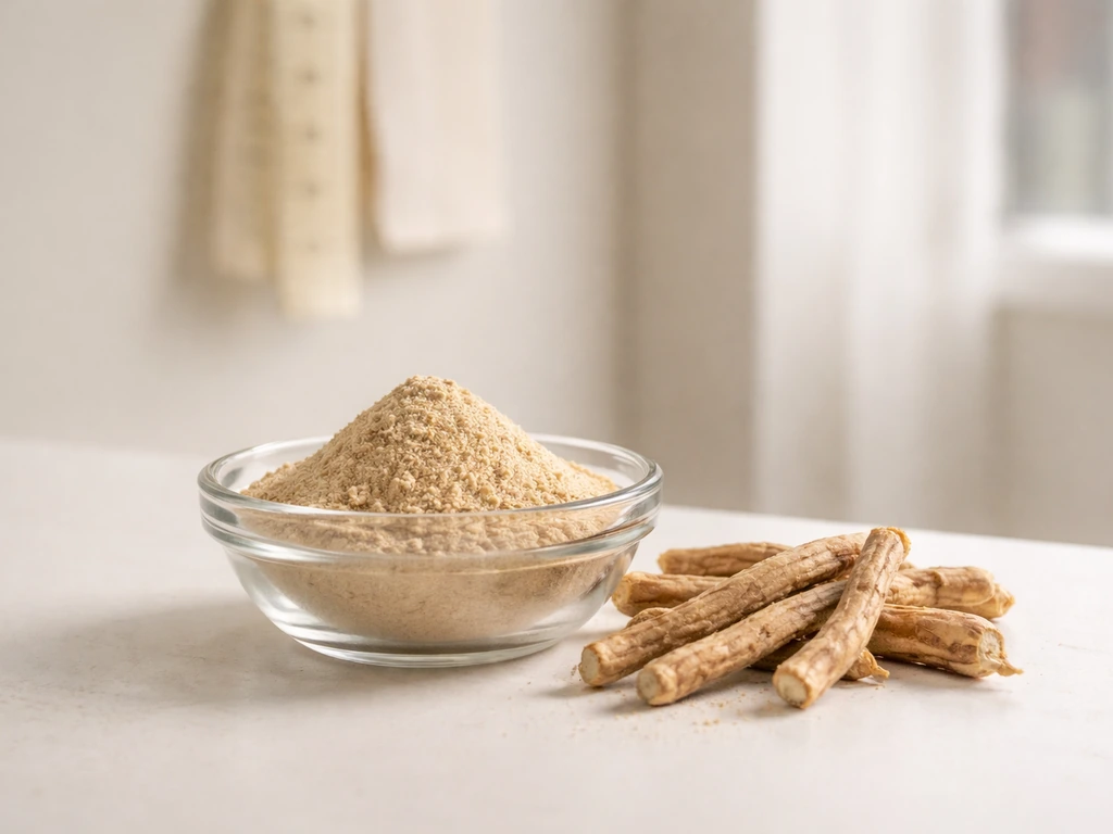Ashwagandha powder and root beside a simple wall height tape measure, suggesting height-evidence question