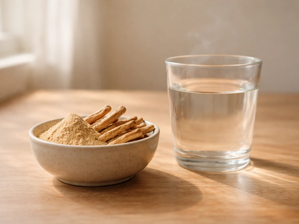 Minimal kitchen counter scene with ashwagandha roots and a glass of water, suggesting an adaptogen logic.