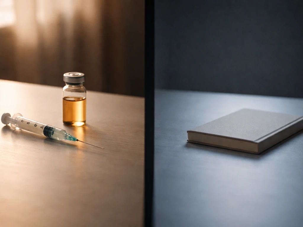 Split still-life showing a syringe near a closed book, with one side dark and the other bright to imply weak vs absent e