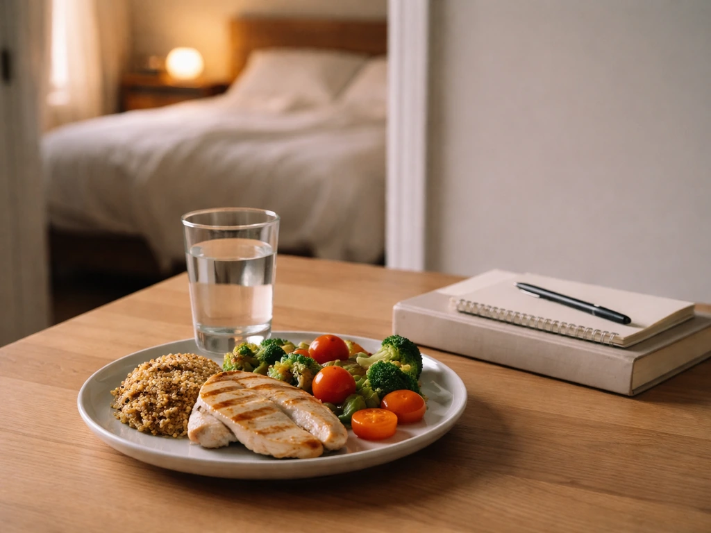 Balanced meal on a table with sleep cues like a made bed and bedside clock in soft morning light.