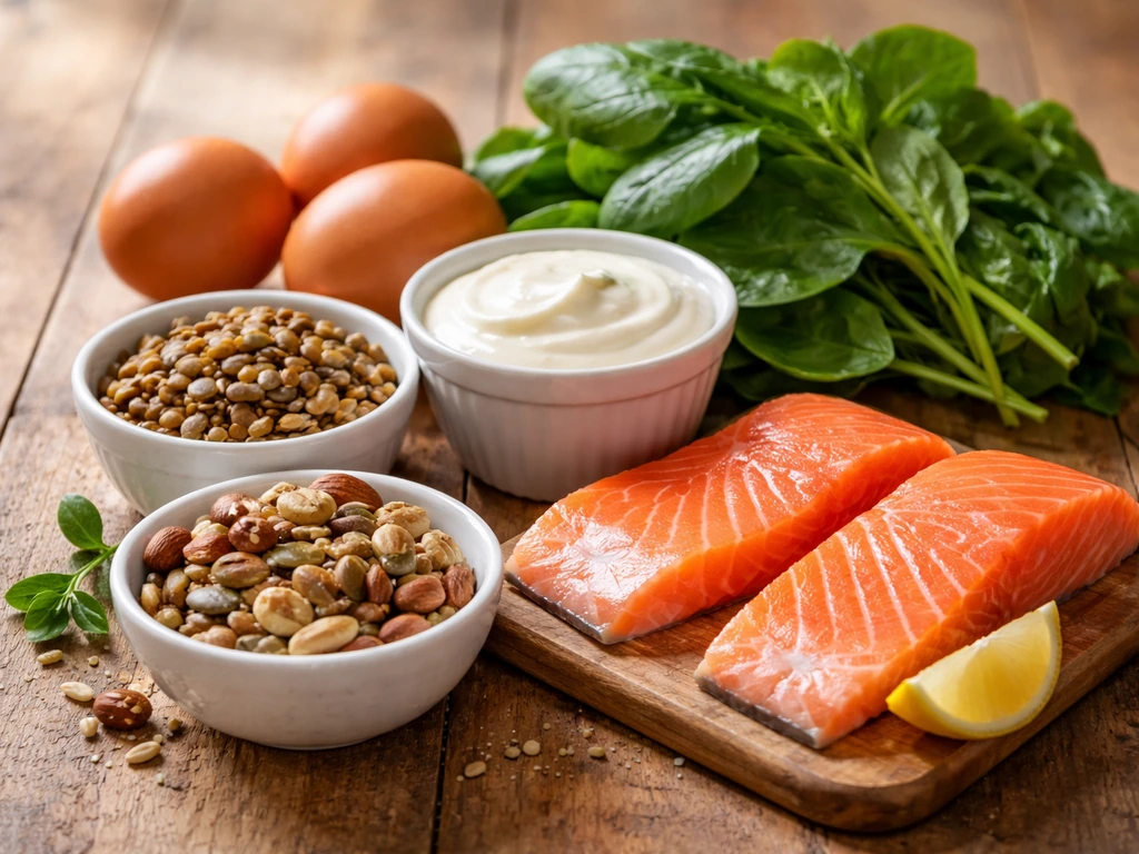 Close-up of assorted height-growth foods: eggs, dairy, leafy greens, beans, nuts, seeds, and fish on a wooden table.
