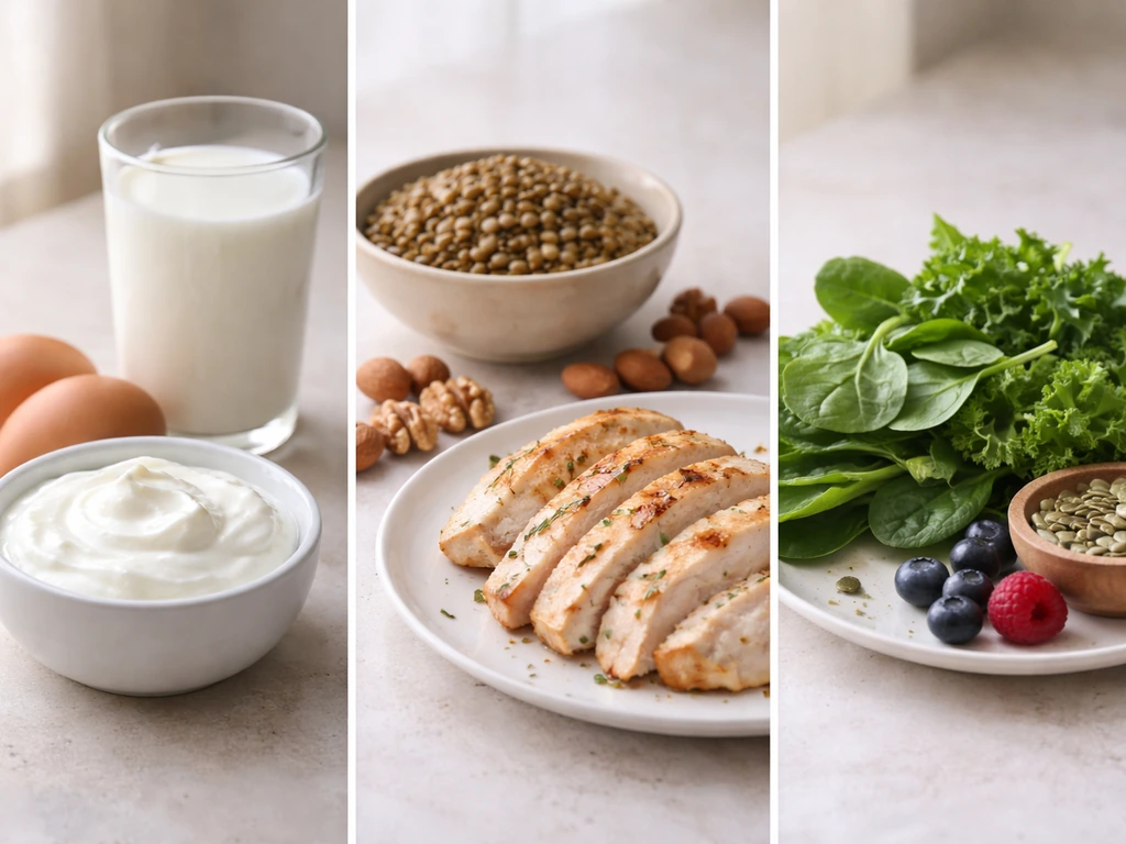 Three-panel split photo of yogurt and eggs, lentils and chicken, and leafy greens with seeds.