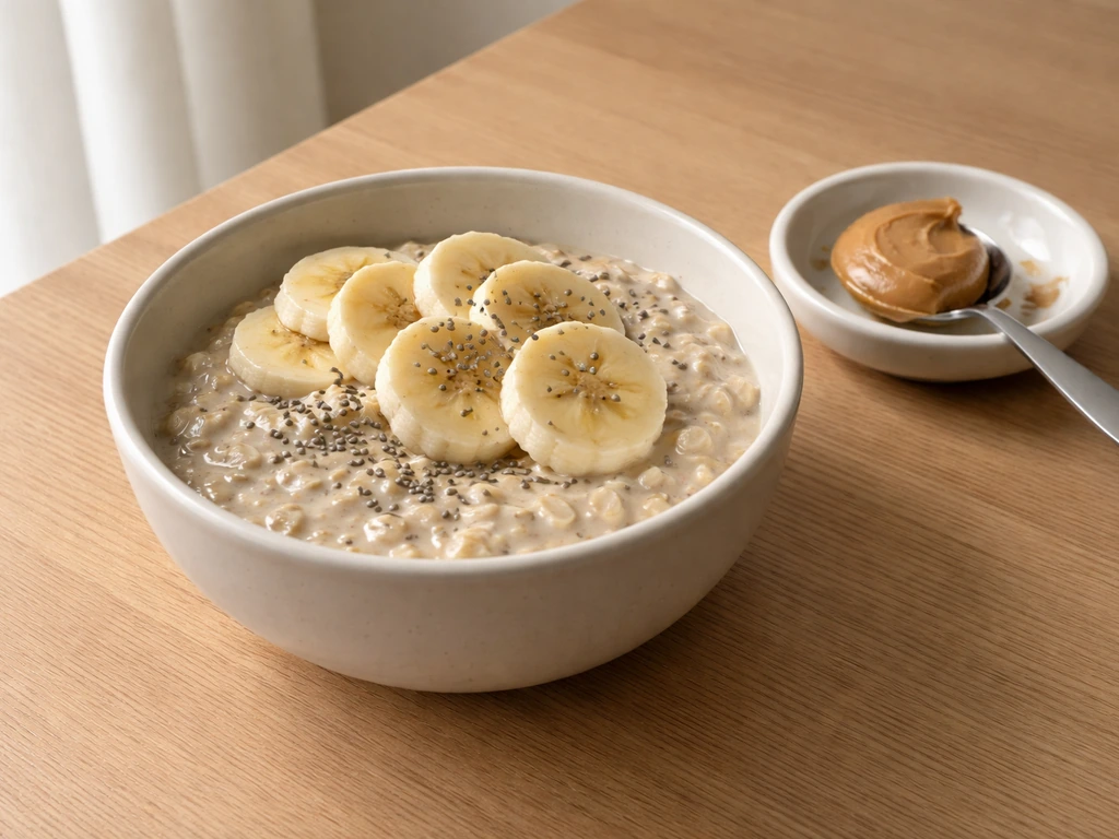 A bowl of overnight oats with sliced banana, chia seeds, and a spoon of almond butter