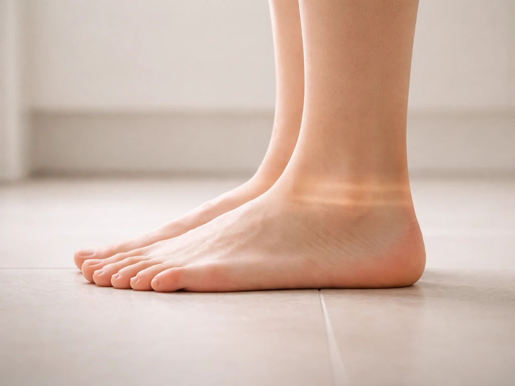 Close-up of feet side-by-side on a light floor, with a subtle non-literal hint of growth change.