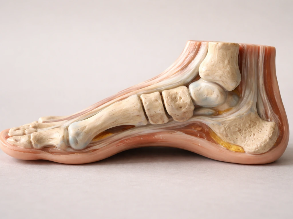 Close-up view of a human foot’s bones and surrounding cartilage and ligaments in a clean minimal setting.