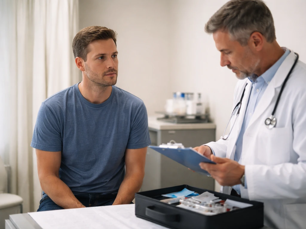 Adult patient in an exam room being assessed by a clinician for hormone and growth concerns.