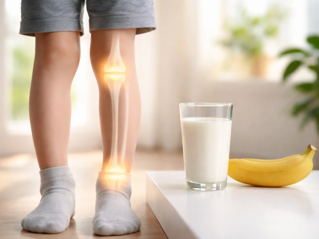 Photo-real leg with softly glowing growth plates next to milk and banana to symbolize nutrition and height growth.