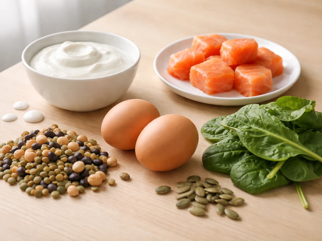 Close-up collage of height-supporting foods: protein, dairy, vitamin D and iron/zinc sources on a simple table.