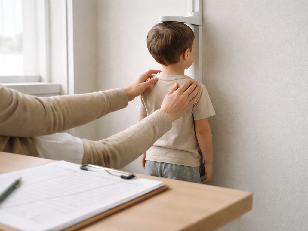Clinician measures a child’s height with a wall stadiometer while a growth chart lies nearby
