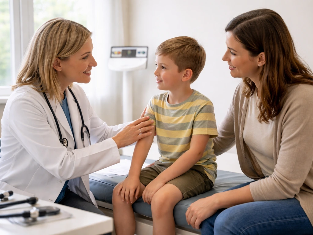 Parent and pediatrician comforting a child during a calm growth-related check in a clean exam room.