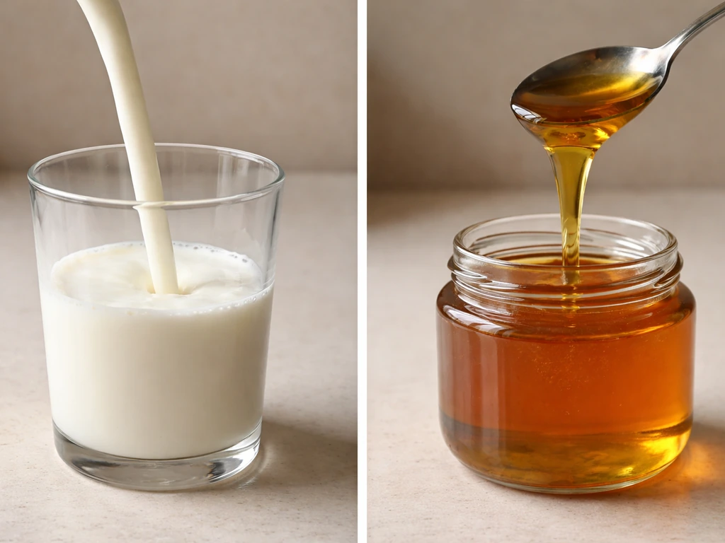 Milk poured into a clear glass beside honey being poured from a spoon into a jar.