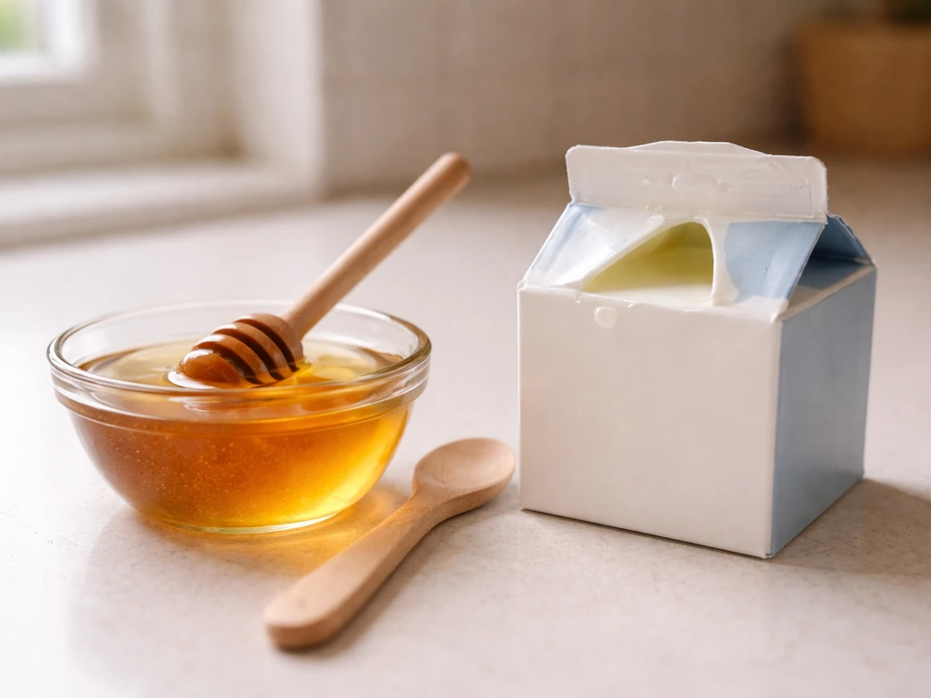 Side-by-side milk carton and honey jar on a countertop under natural window light.