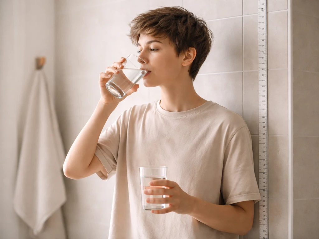 Person sipping a glass of water standing next to a wall height ruler, suggesting hydration and posture.