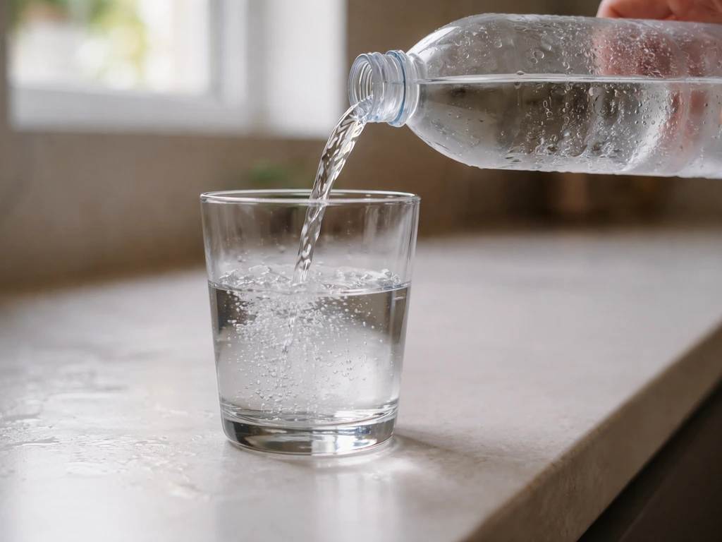 A glass is being filled from a water bottle with condensation and droplets visible on a countertop.