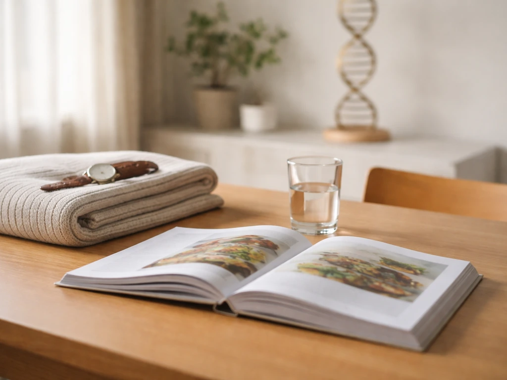 Morning dining table scene symbolizing nutrition, sleep, and genetics through a subtle DNA-like decoration.