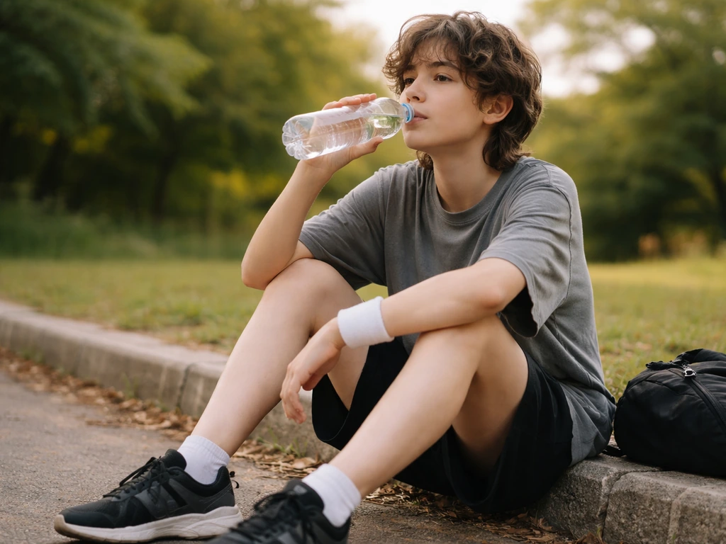 Teen outdoors after training, drinking water from a bottle, calm hydration and recovery moment.