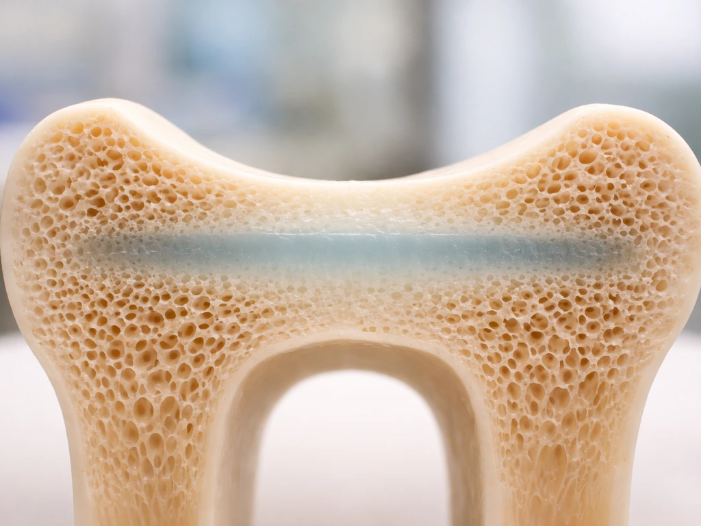 Macro close-up of a long bone growth plate, showing cartilage band between bone ends.