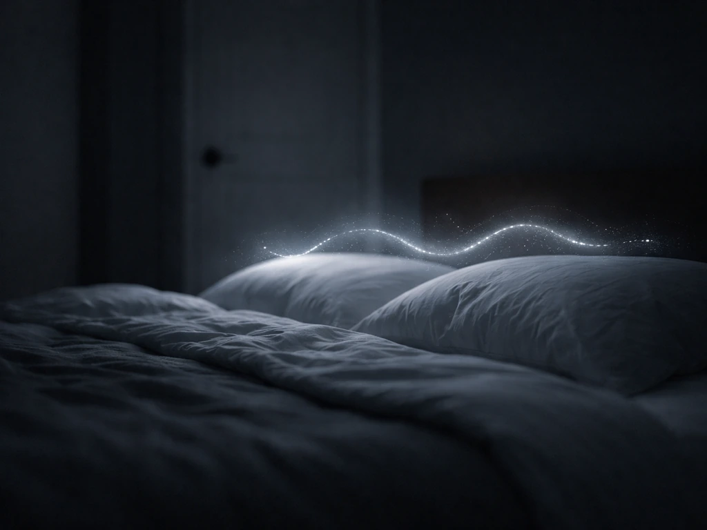 Dark bedroom at night with subtle luminous pulse-like halos above the pillow.