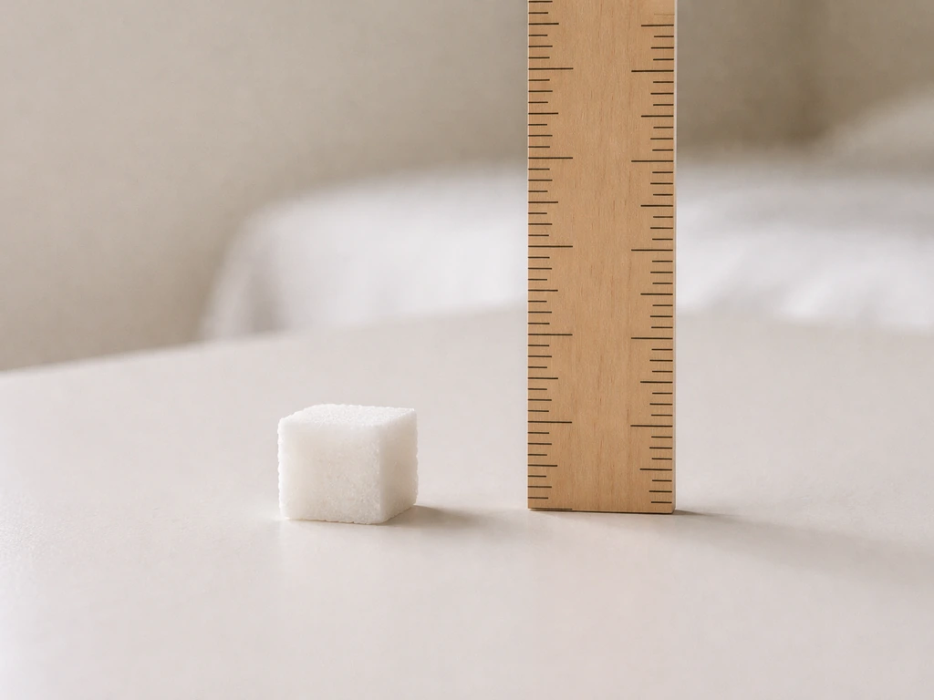 Minimal photo of a sugar cube beside a simple height ruler, suggesting sugar doesn’t affect growth