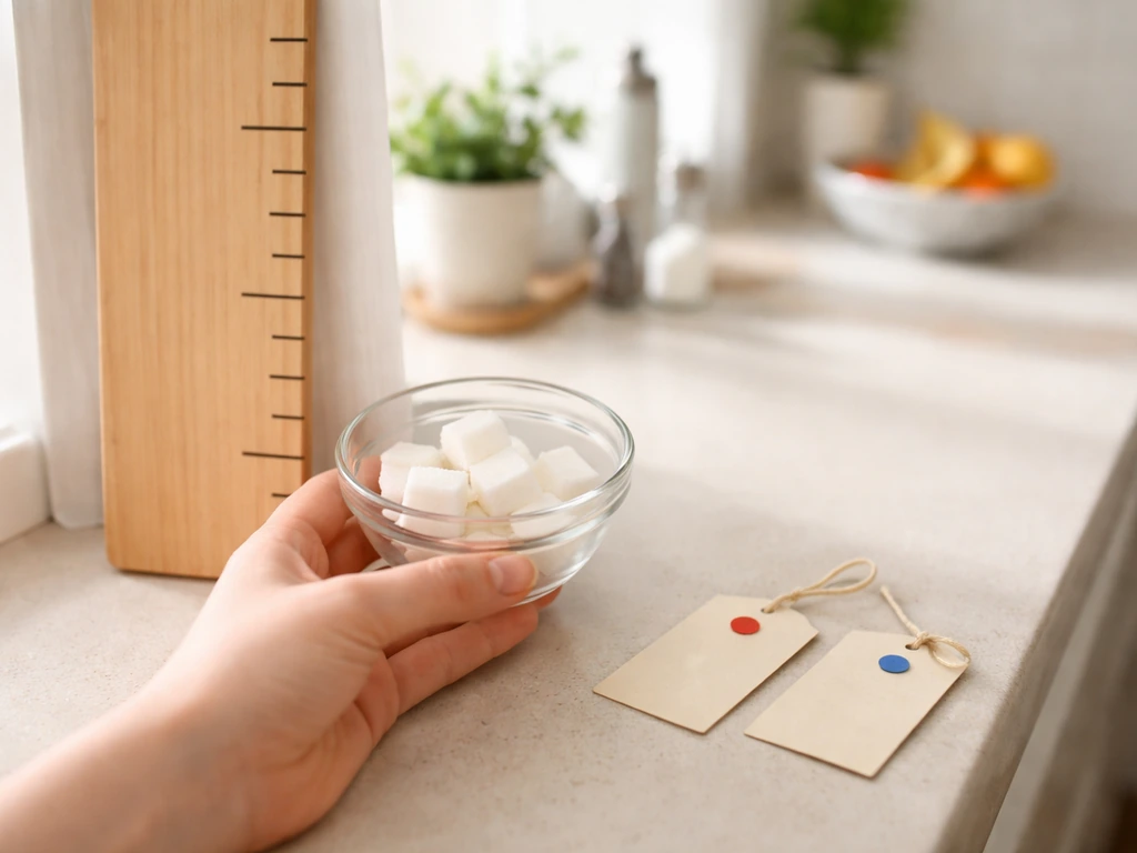 Sugar cubes next to a blank height measuring board, with small blank evidence tags nearby.