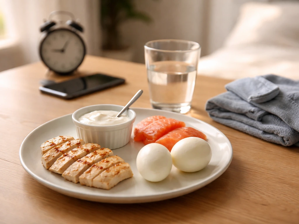 Minimal food-and-supplement checklist plate with protein, calcium, vitamin D, and a sleep cue on a kitchen table.