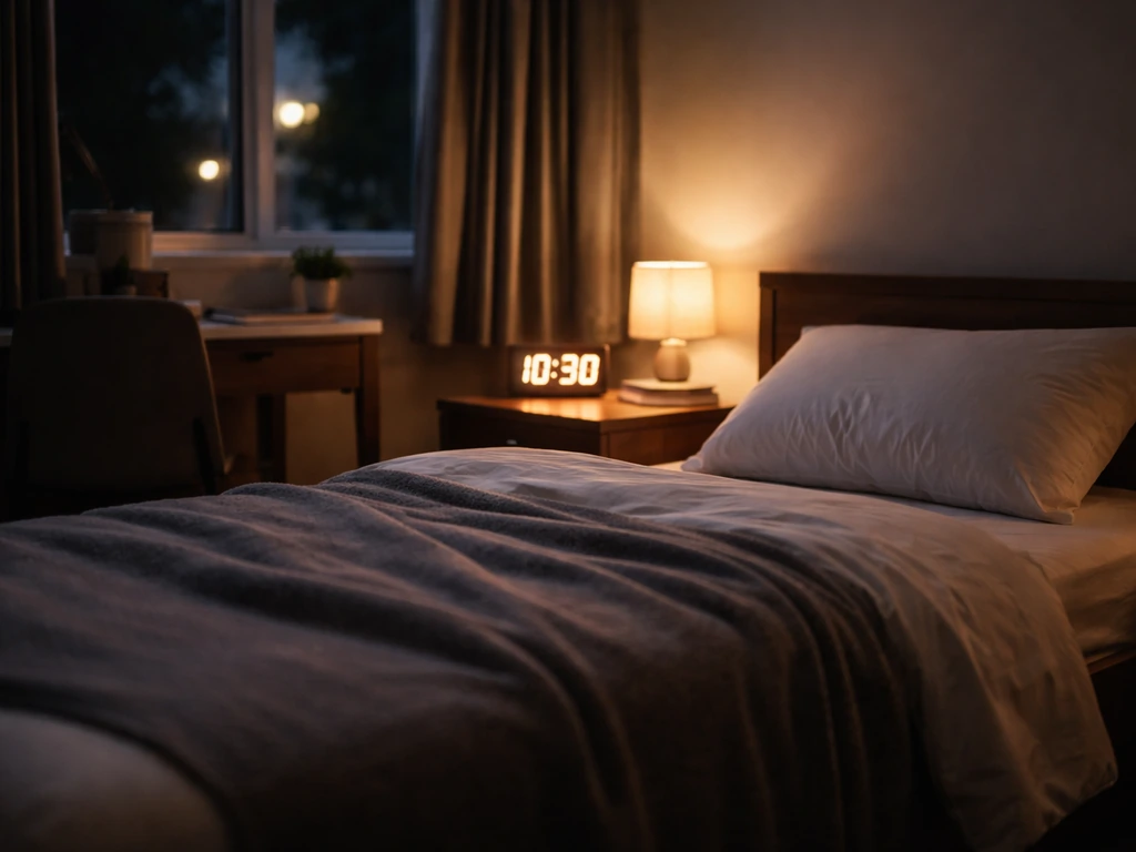 Adolescent bedroom at night with a bedside clock showing late bedtime and a neatly made bed