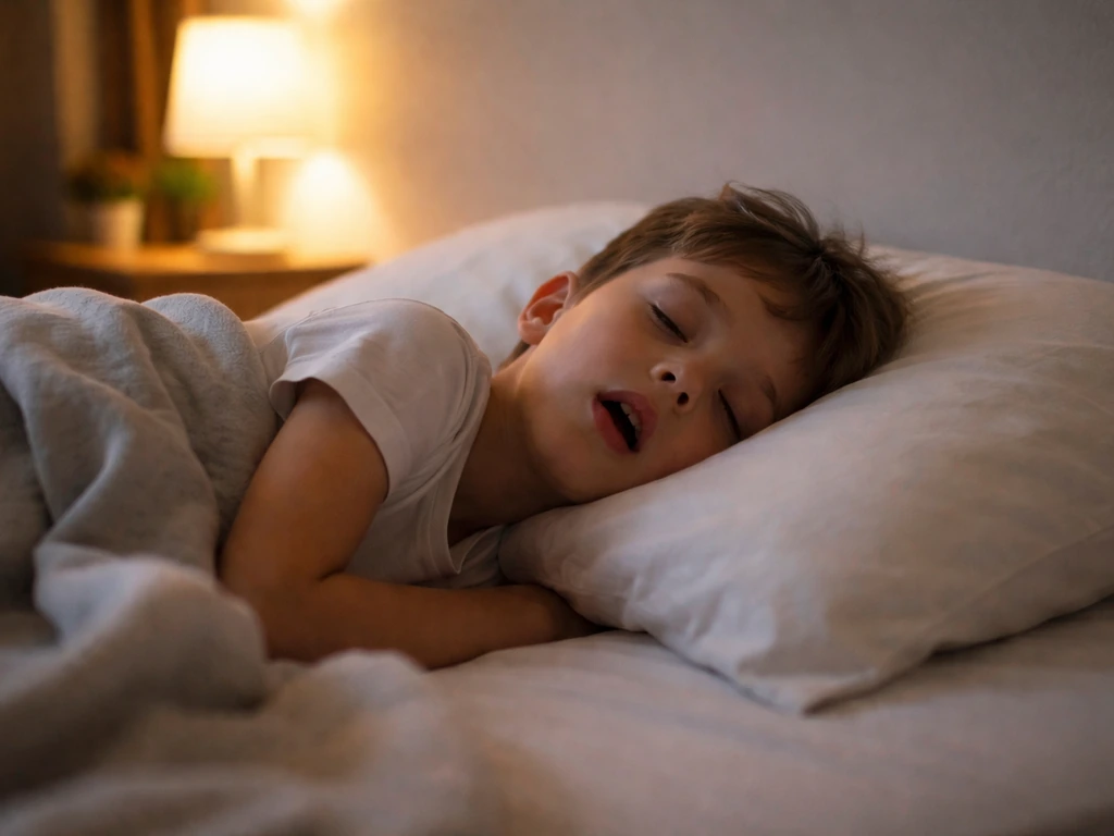 Child sleeping with head turned, visible open mouth, soft bedside light suggesting snoring risk