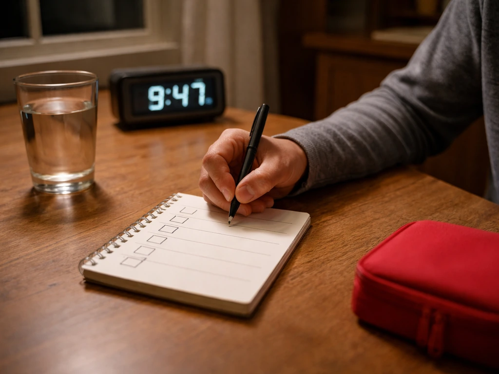 Parent and teen reviewing a simple notepad of sleep steps beside a bedside clock