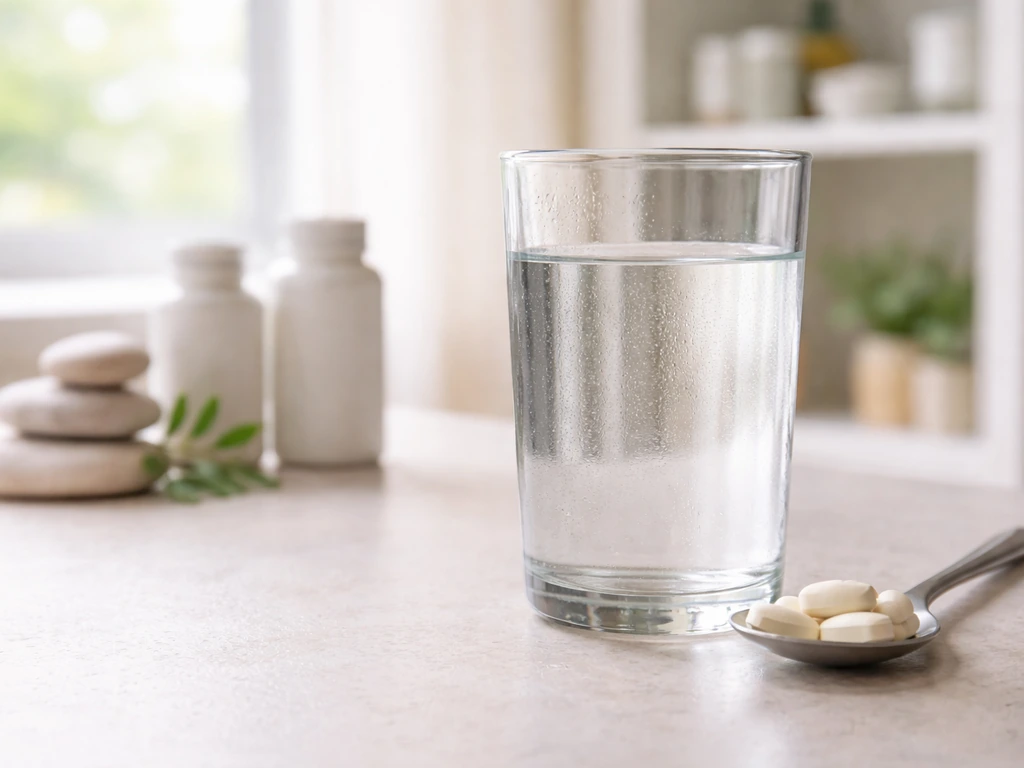 Glass of water and calcium tablets on a kitchen counter with unmarked bottles suggesting age-based targets.