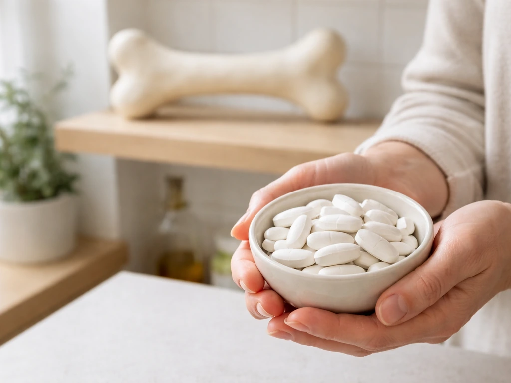 Anonymous hands holding white calcium tablets with a bone-shaped object in the background, minimal scene.