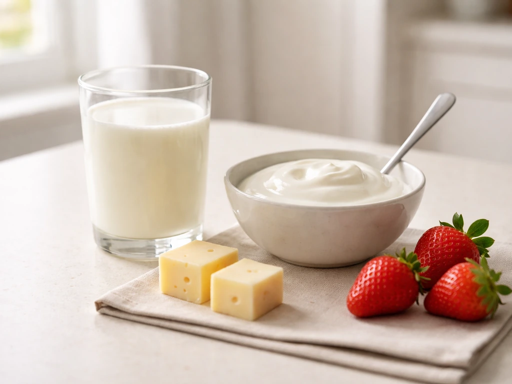 Milk glass, plain yogurt bowl, and cheese cubes on a kitchen counter in natural light.