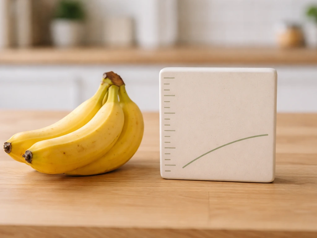 Ripe bananas next to a blank height-measuring growth plate on a wooden countertop.