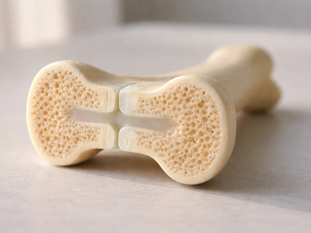 Close-up of a long bone with a thin translucent cartilage growth plate between bone ends.