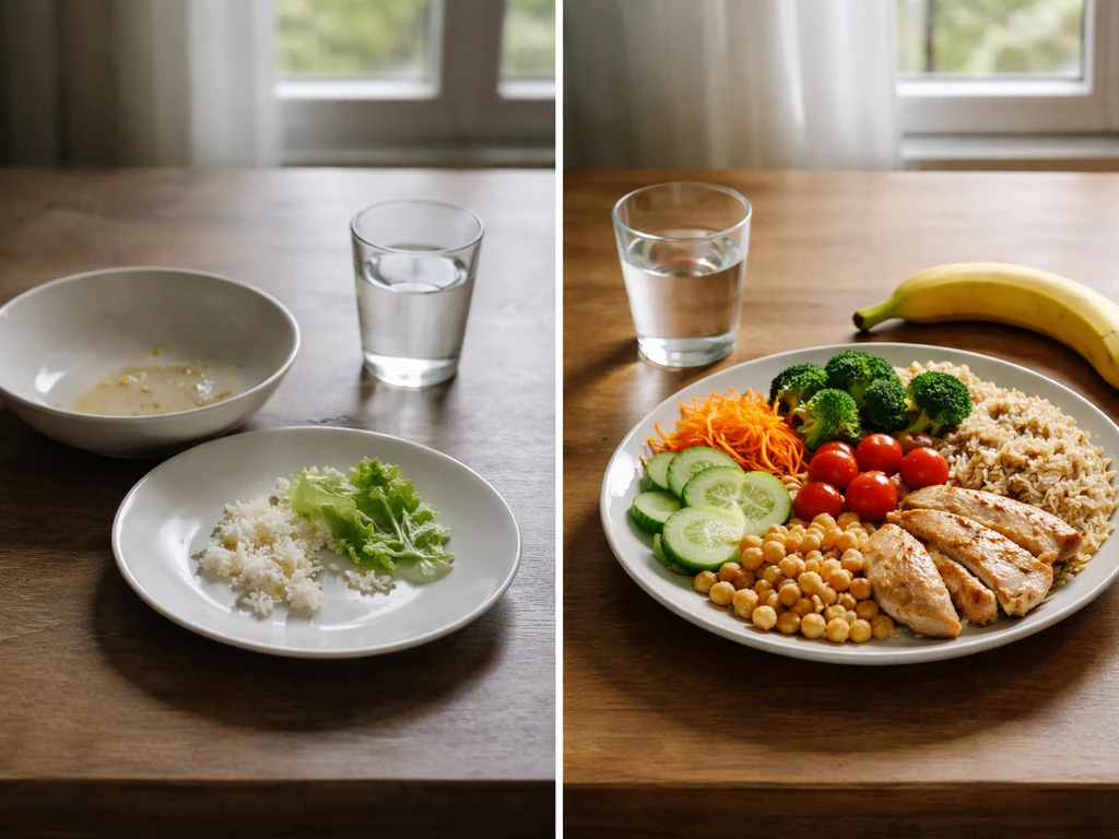 Split kitchen table image: sparse left meal vs balanced right plate with banana and healthy foods.