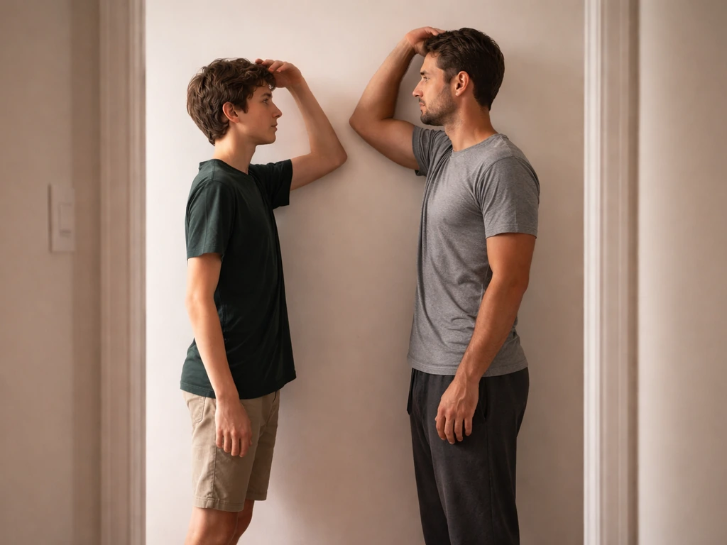 Minimal photo showing a teen and adult with hands placed on a wall scale-like height measure, emphasizing growth stages