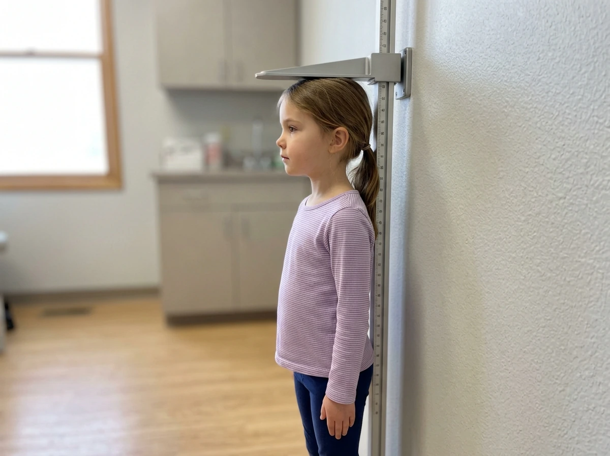 Child being measured with a wall stadiometer to track height.