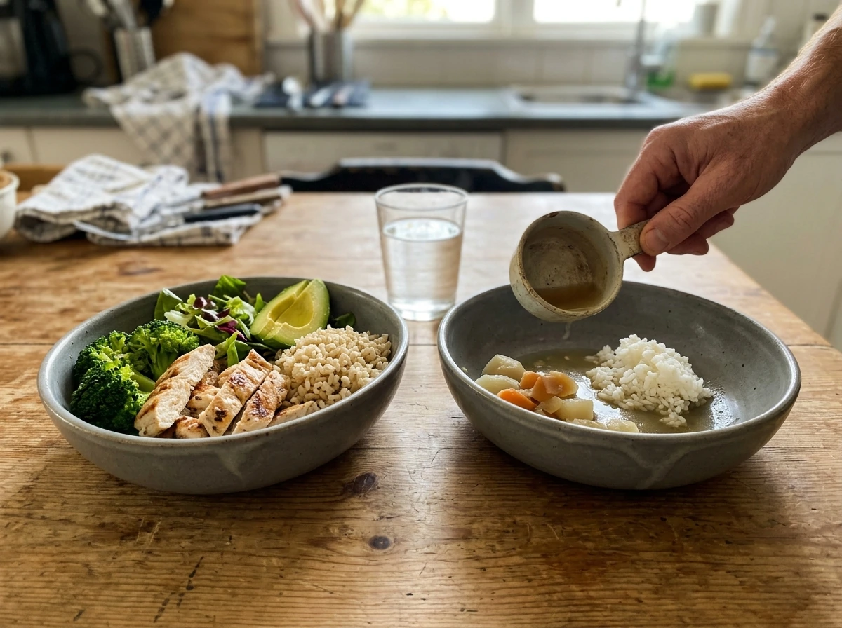 Balanced meal vs noticeably smaller portion to illustrate nutrition affecting growth.