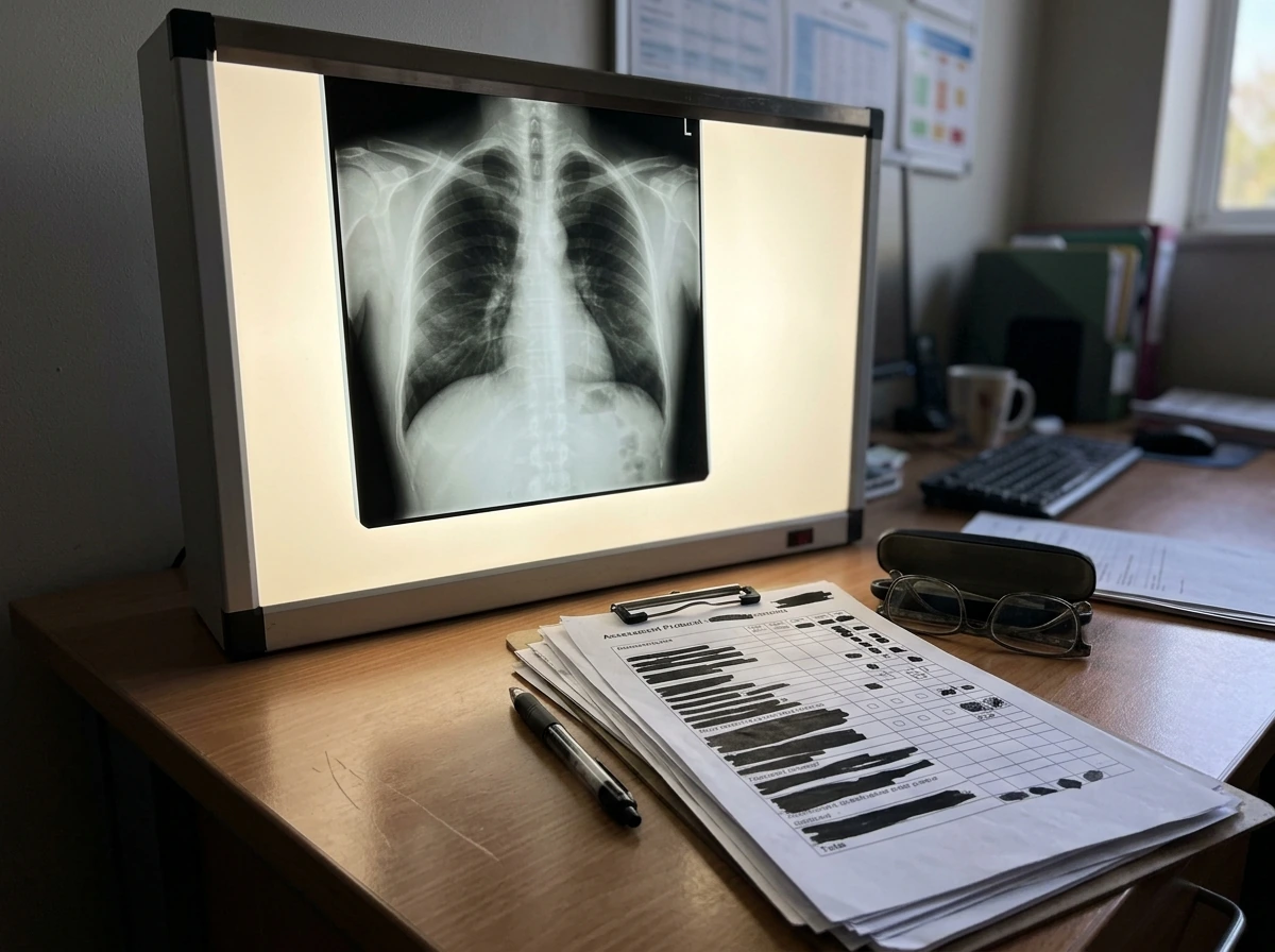 Clinician reviewing bone-age materials to assess growth plate status.