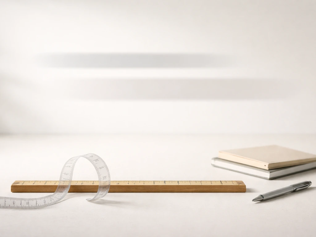 Minimal desk scene with a plain measuring tape beside a simple ruler-like height scale showing genetics vs possible outc