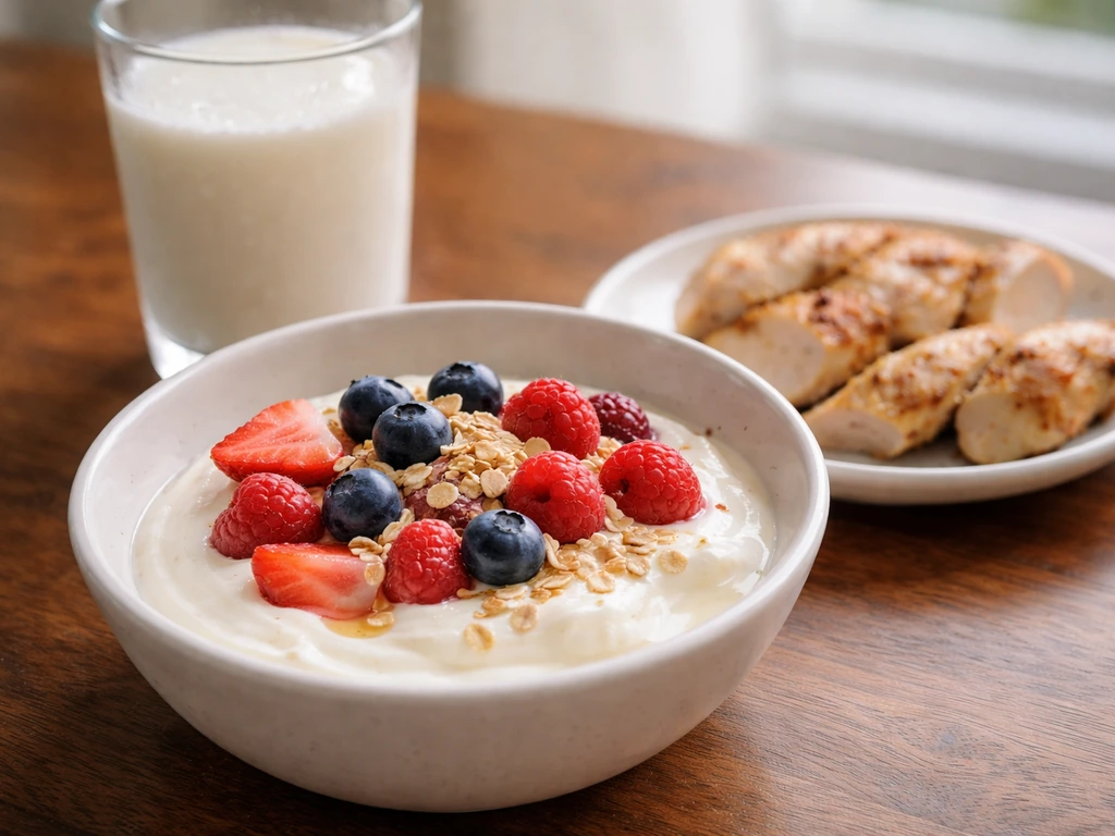 Close-up of a balanced meal with dairy and protein foods to suggest calories and building blocks for growth