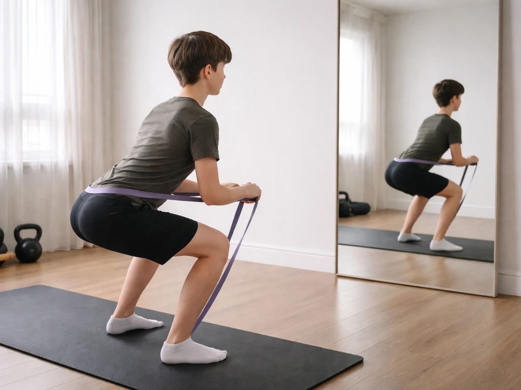 Teen in safe resistance-band squat with neutral spine and proper knee alignment in a minimal home-gym.