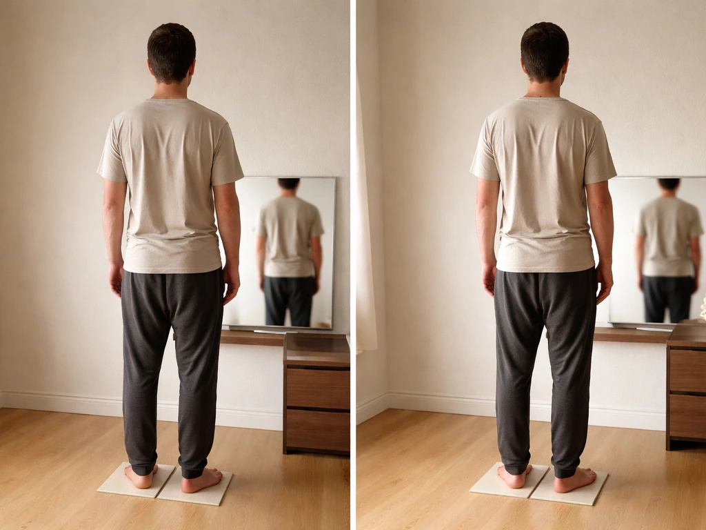 Anonymous adult standing taller after stretching, with an out-of-focus spine model suggesting fused growth plates