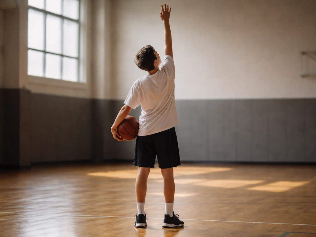 Basketball player in gym stretching upward with ball, side view emphasizing height and vertical leap