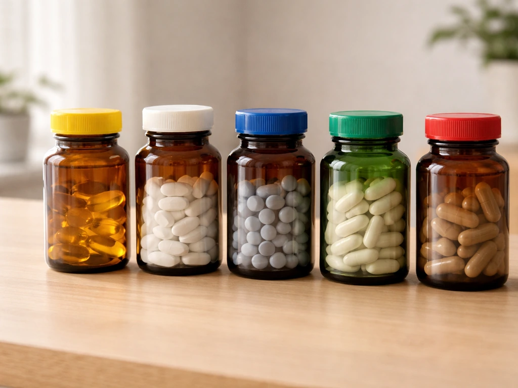 Row of generic supplement bottles with colored caps on a clean tabletop.